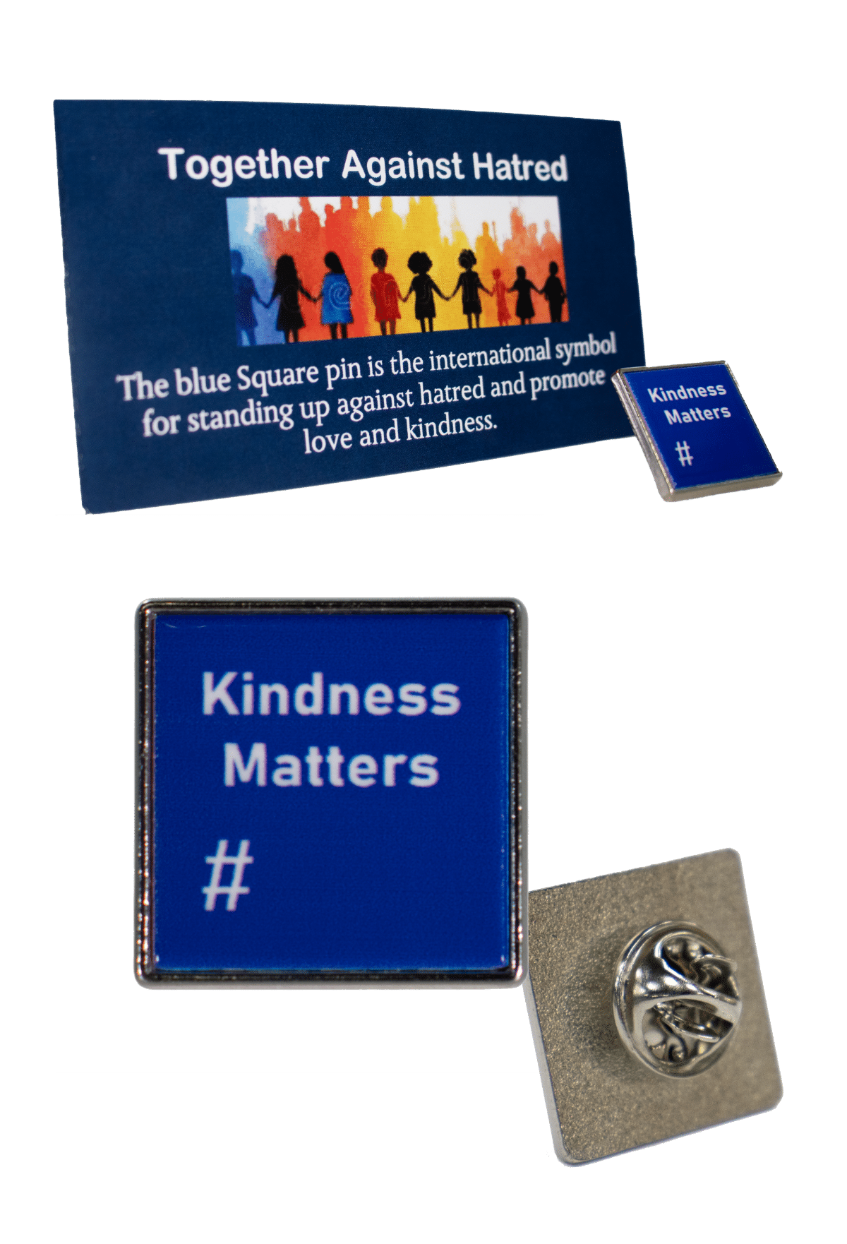 blue square pin with Kindness Matters # text
